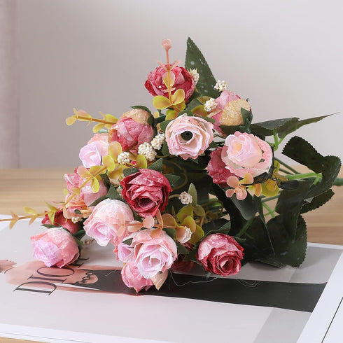 Duovlo 7 Branch 21 Mini Rose Heads Artificial Flowers Bouquet, Pack of 4, Wedding Home Office Decor, Pink