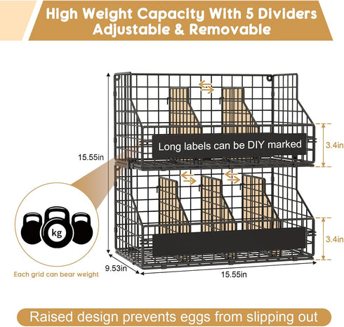 Countertop 5 2-Tier keomaisyto Egg Holder with Dividers & DIY Labels to Separate Eggs, Stackable Wire Baskets, XXL Egg