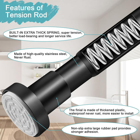 Black Shower Curtain Rod 32-80 Inch, Non-Slip Stainless Steel No Drill Spring Tension Rod for Bathroom & Window