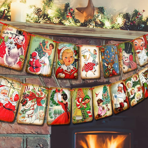 ssailue decor Vintage Style Christmas Banner - Traditional Victorian Bunting, Multi Color Cardstock Rectangular Banner