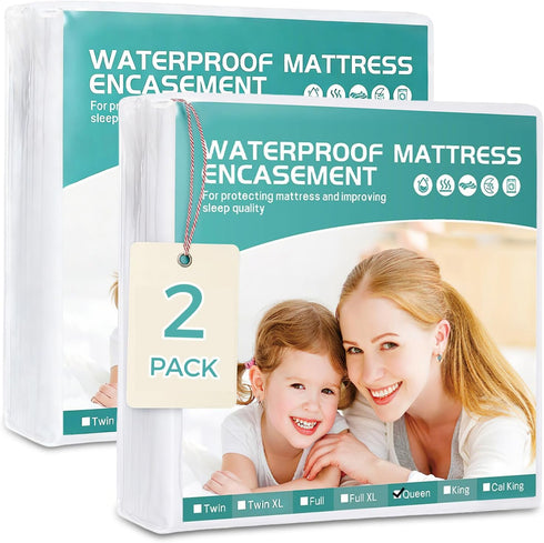 Premium Queen Waterproof Mattress Cover 2 Pack, Zippered Mattress Protector, 9 Inch