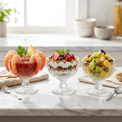 6 Pack 12oz Youeon Vintage Embossed Glass Dessert Cups, Footed Sundae Glasses for Ice Cream, Parfait, Trifle, Fruit