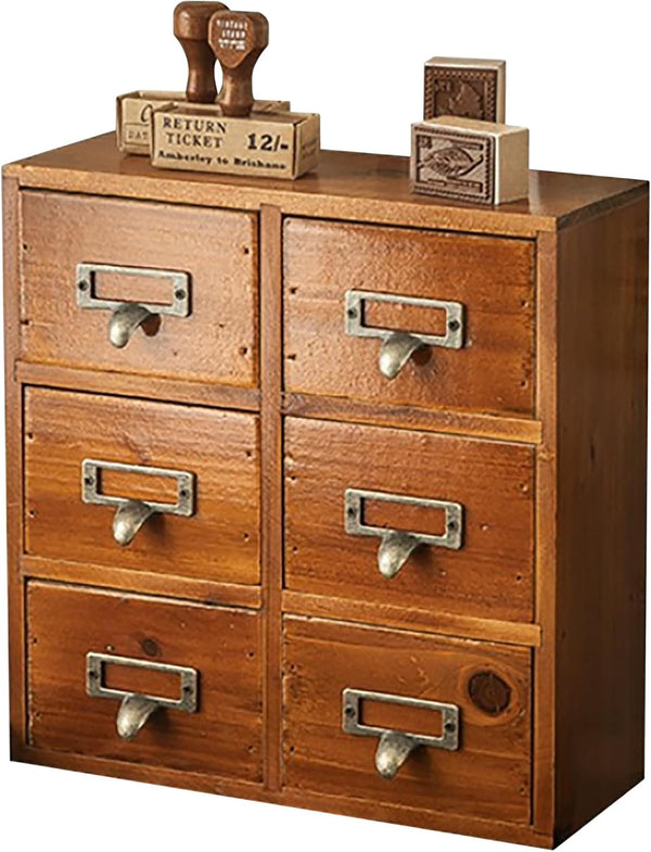 Vintage Card Catalog Drawers for Desktop, 6-Drawer Mini Wood Cabinet for Office Study Table, Mahogany Wood Organizer