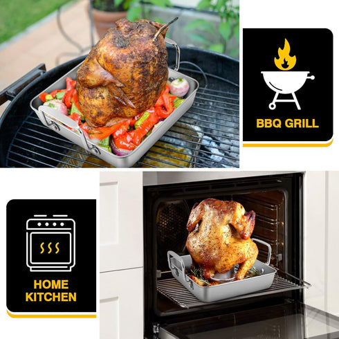 P&P CHEF Beer Can Chicken Holder with Roasting Pan Set | 9-inch Stainless Steel Baking Pan and Chicken Rack