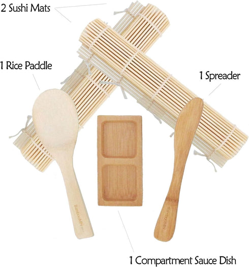 Sushi Making Kit by BambooMN - Includes Rolling Mats, Rice Paddle, Spreader, Sauce Dish