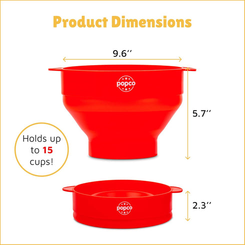 POPCO Microwave Popcorn Bowl - Silicone Snack Popper with Handles, Collapsible Design, Dishwasher Safe (Red)