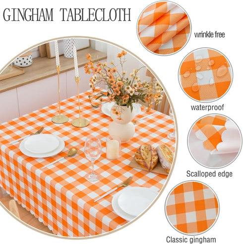 MANGATA CASA 2Pcs Orange Gingham Table Cloth for Rectangle Tables, Checkered Waterproof Kitchen & Table Linens, Pumpkin
