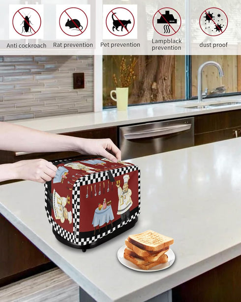 Farmhouse Cartoon Fat Chef 4 Slice Toaster Cover, Retro Black White Plaid Polyester Dust Protection