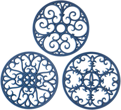 Silicone Trivet Mat Set of 3 - Navy Blue Hot Pot Holder & Non-Slip Heat Resistant Kitchen Trivets