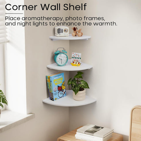 7inch Set 2 White Corner Shelf, Wall Mount Natural Oak Wood Floating Corner Wall Shelf Round End Small Corner