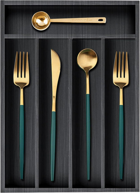 Small Kitchen Utensils Drawer Organizer, Black Wooden Flatware Tray, Silverware Divider for Fork Spoon Holder in Drawer