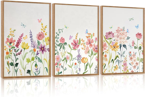 CHDITB Wildflower Framed Canvas Wall Art Set Of 3,Flower Artwork Modern Floral