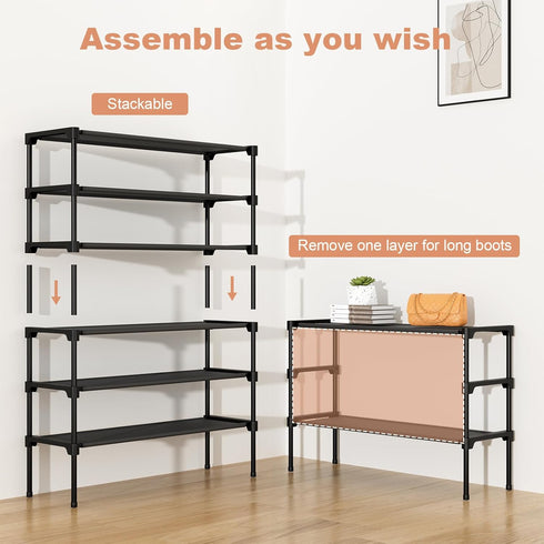 32.3" Closet 16 3 Widening Design Shoe Rack for Pairs Small Spaces Non-Woven Tier Shoe Organizer Stackable Metal Shoe