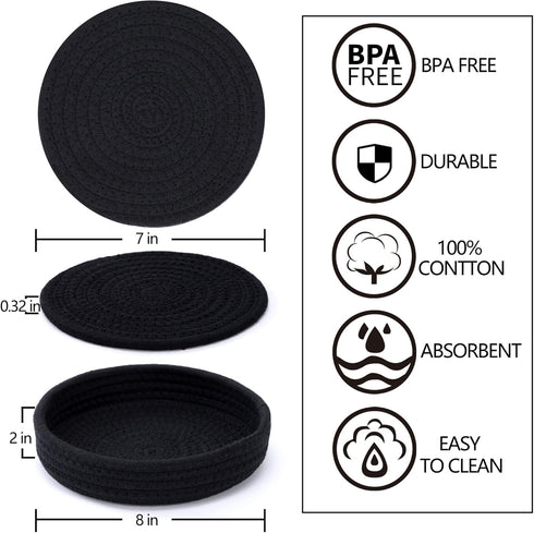 Trivets for Hot Dishes, Trivets for Hot Pots and Pans, 7 Inchs Hot Pads 5 Pcs and Storage Basket for Countertops, Pot Holders for Kitchen, Cotton Table Protector Hot Mats Heat Resistant (Black) by Coga