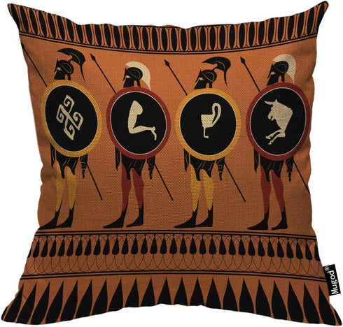 Mugod Ancient Greek Pillowcase, Black-Figured Greek Warrior with Spear and Shield, 18"x 18" Cotton Linen