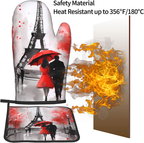 Oven Mitt and Pot Holders 2 Sets, Non-Slip BBQ Gloves with Eiffel Tower Flower Kitchen Design