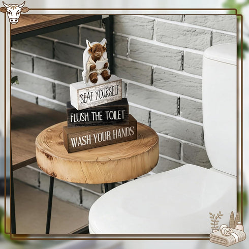 Moucuny 4 Set Pcs Highland Cow Bathroom Decor Funny Rustic Wooden Tiered Tray Signs with Highland Cow Toilet Figurine