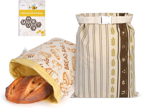 2 Pack Beeswax Bread Bags - Large Reusable Cotton Linen Food Storage