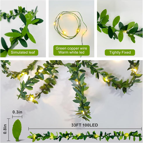 Battery Operated Vine String Lights, 33 Ft 100 LED Warm White Light with Green Vine for Indoor Outdoor Decor