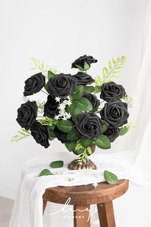 Ling's Moment 25Pcs Artificial Black Roses Decor with Stems, 3" Real Touch DIY Foam Floral for Wedding Bouquets