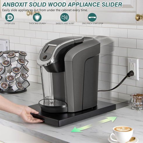 Appliance Slider, Wooden Sliding Tray for Coffee Maker, Kitchen Caddy Rolling Tray for Counter, Classic Black-Deep