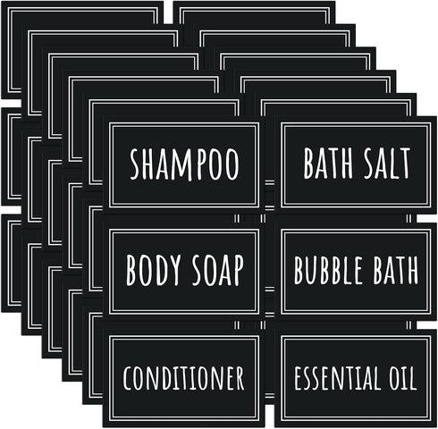 Segbeauty 36PCS Black Waterproof Labels, Self-Adhesive Bathroom Organizing Stickers for Shampoo and Body Soap