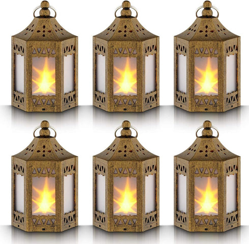 Mini Star Lantern with Flickering LED - Set of 6 Copper Brushed Decorative Hanging Light for Indoor Use