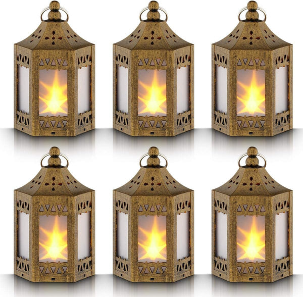 Mini Star Lantern with Flickering LED - Set of 6 Copper Brushed Decorative Hanging Light for Indoor Use