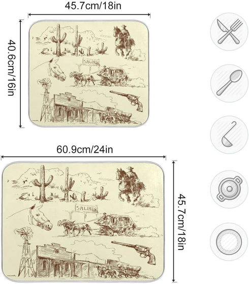 Rustic Cowboy Dish Drying Mat for Kitchen Counter, Western Desert Cactus Microfiber Protector, Medium 16x18 inch