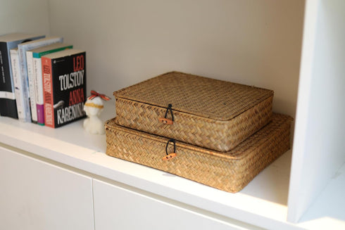 Set 2 DOKOT Flat Seagrass Storage Bins with Lid, Wicker Basket for Shelf Organize, of (Small+Large)
