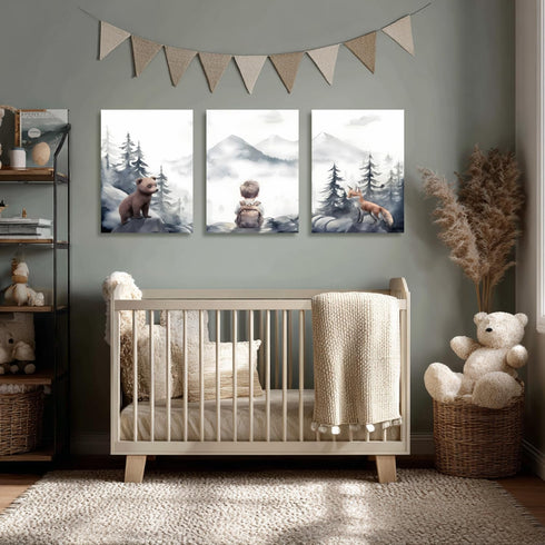 kilamino 12"x16"x3 Neutral Woodland Wild Animal Wall Art, Cute Bear Fox Nursery Wall Decor, Adventure Boy Poster