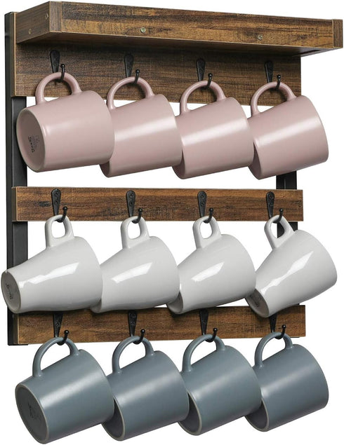 12 OROPY Coffee Mug Rack Wall Mounted, Rustic Wood Cups Rack with Hooks and Storage Shelf, for Home Kitchen Display