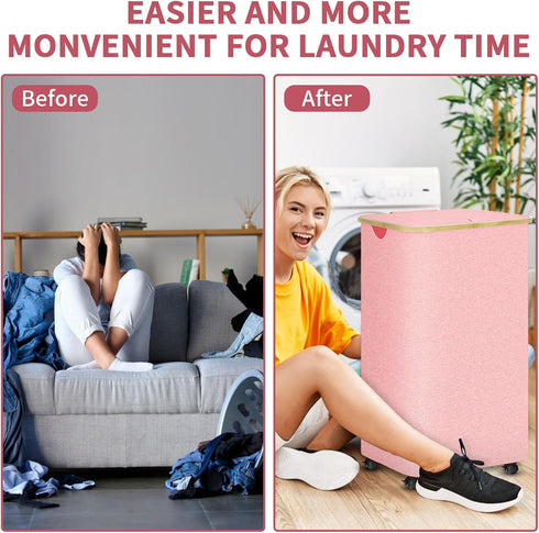 conglow 100L Pink Hamper with Wheels - Large Laundry Hamper with Lid, Rolling Hamper on Wheels, Collapsible Laundry