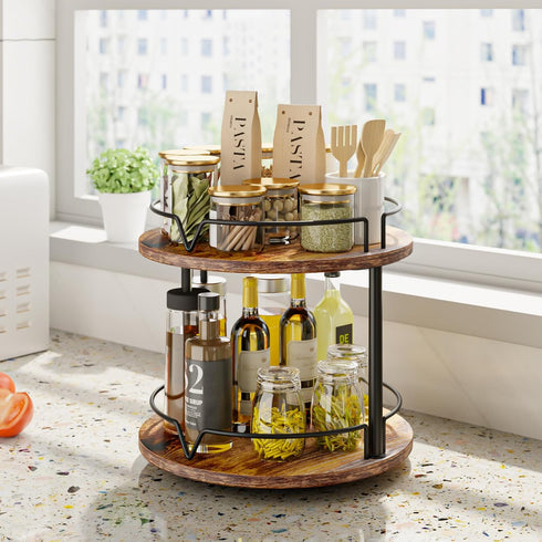12" 2 Countertop KLM Wood Lazy Susan, Rotating Spice Rack, Tier Spice Turntable Organizer, Industrial Turntable Spice