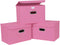 Linen Fabric Foldable Storage Cube Bin Organizer, 3Pcs Fabric Bins with Lid and Leather Handles for Home, Closet, Pink