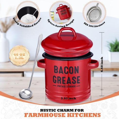 46OZ Bacon Grease Container with Strainer - Large Red Kitchen Oil Storage Can, Food Saver Bin with Lid | Farmhouse