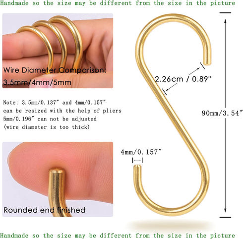 12-Pack 3.95" Brass S Hooks for Hanging - Heavy-Duty S-Shaped Hook for Coffee Cups Mug Coat Clothes Storage Hangers