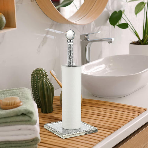 13 Inch Silver Crystal Standing Paper Towel Roll Holder, Square Base Standing Paper Towel Stand with Sparkly Crystal