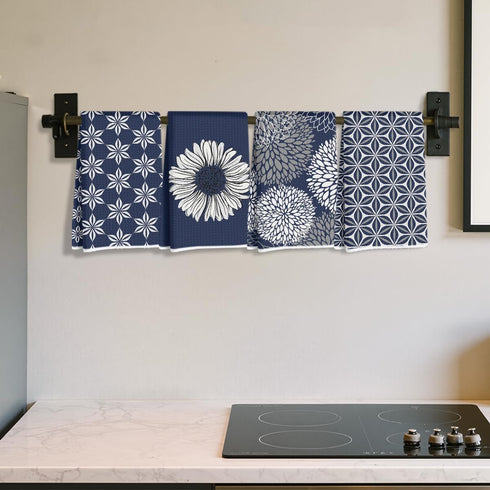 Hanamiya Na 4 Pcs Blue Flower Artistic Kitchen Towels, Blue Flower Absorbent Tea Hand Towel, Microfiber Dish Cloths