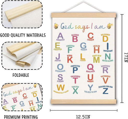 DNEULYR 12x16 Inches God Says I am Alphabet Christian Wall Art Poster for Kids, Bible Verse Affirmations Poster Hanger