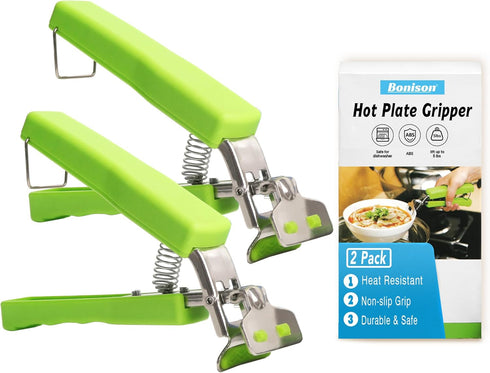 2 Pack Hot Plate Gripper Clips Holder Tongs for Moving Hot Plates, Bowls, Pizza Pan, Green
