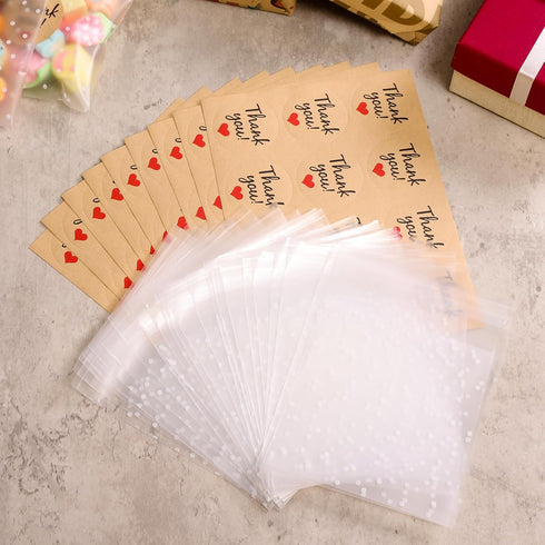 SUREHOME 200 Pcs Cookie Bags with Seal, Clear Self Sealing Cellophane Bags with Thank You Stickers