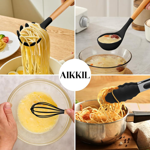 Silicone Kitchen Utensils Set, 28PCS Large Cooking Utensils with Holder, Wooden Handles, Spatula, Spoon, Whisk, Black