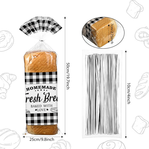 50 10 20 Inch Sabary Pcs Homemade Bread Bags with Ties Black Buffalo Plaid Bread Loaf Bags Plastic Clear Gift Storage