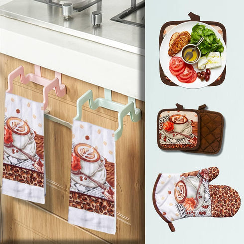 Lobyn Value Packs: 5-Piece Café Latte Kitchen Towel Set - Quilted Oven Mitt & 2 Potholders