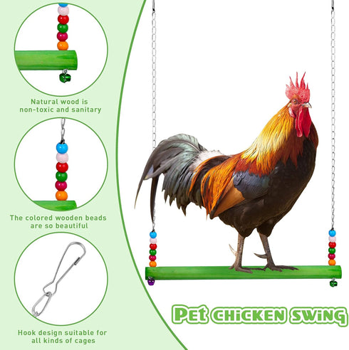 Gejoy 6 Pieces Chicken Toys for Coop Accessries Wooden Stand Mirror with Bells Coop Swing Veggies Fruit Skewer