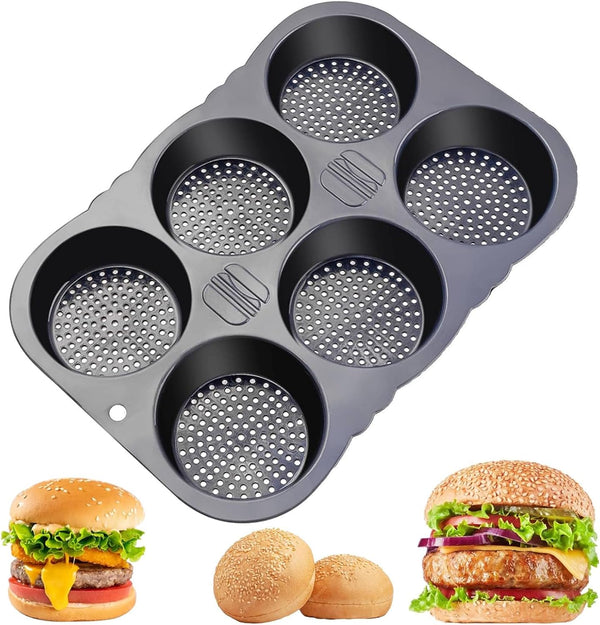 MUJUZE Hamburger Bun Pan, 6 Cavity Nonstick & Heat Resistant Mold for Homemade Burger Buns