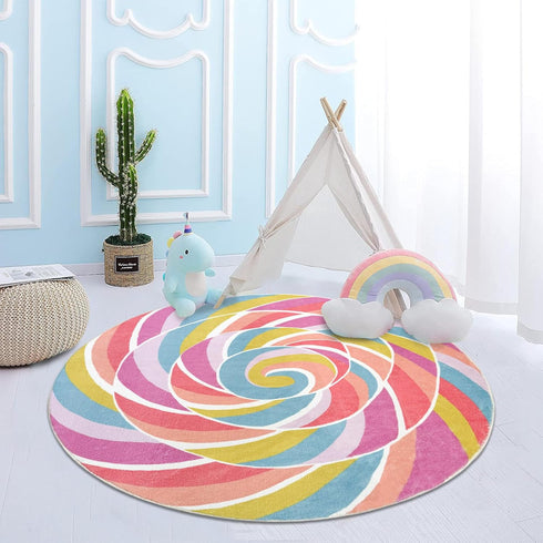 4Ft Kids Rug Play Mat Round Rainbow Lollipop Girls Bedroom Carpet Circle Candy Nursery Mat Playroom Rug for Children