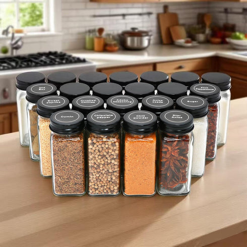 Maredash 24pcs with180 Spice Jars Labels,Glass Spice Jars, Seasoning Containers,Seasoning Organizer,Include black metal