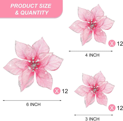 WILLBOND 36 Pcs Christmas Poinsettia Flowers - 3 Size Glitter Faux Ornaments for Christmas and New Year Decoration